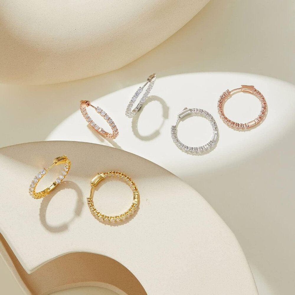 Gold Hoop Earrings for Women 14K Gold Plated Cubic Zirconia Hoop Earrings for Wo - Picture 7 of 7